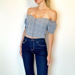 Sensemill Blouse Gray Plaid Off the Shoulders‎ Cropped Top Size Large